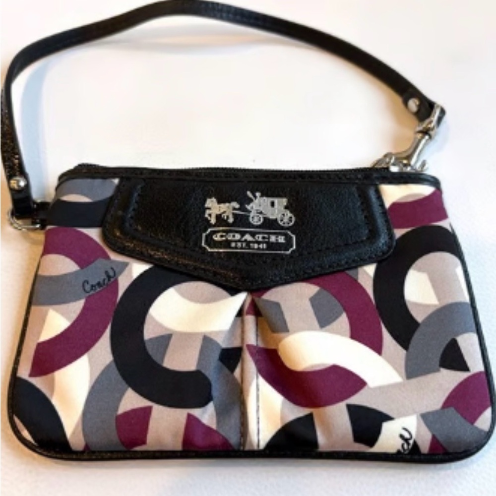Coach Multicolor Signature Print Wristlet in Black, Burgundy & Gray